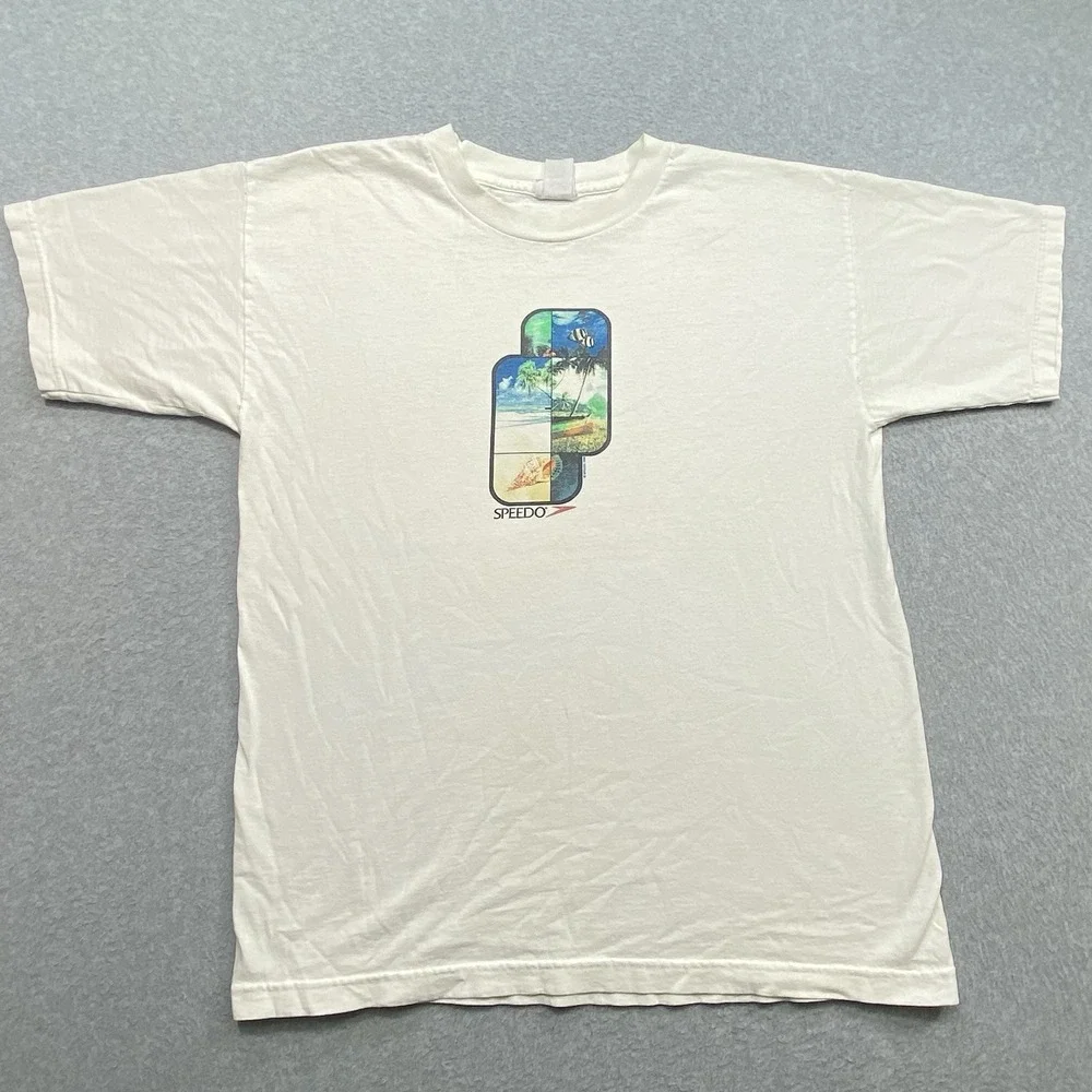 VTG 90s Speedo White T-Shirt Men's Sz L Graphic Beach Fish Nature‎ Distressed